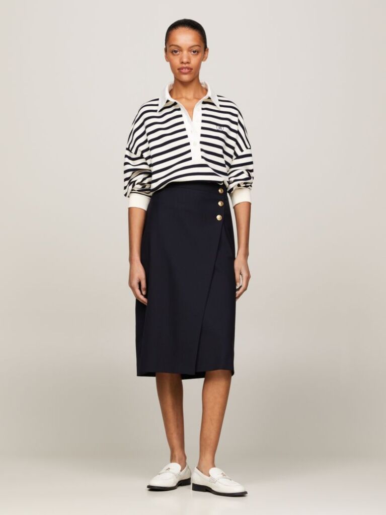 Blue Gold Button Wrap Midi Skirt  Women