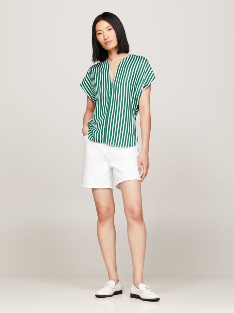 Multi Fluid Stripe V-Neck Short Sleeve Blouse  Women