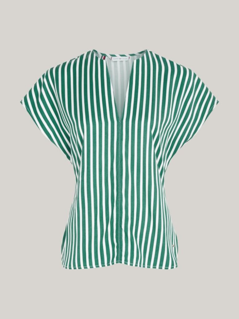 Multi Fluid Stripe V-Neck Short Sleeve Blouse  Women
