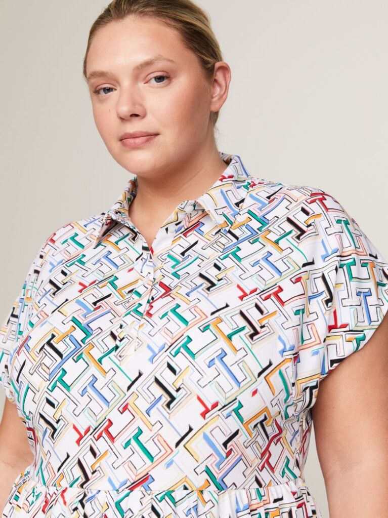 Multi Curve TH Monogram Pleated Short Sleeve Shirt Dress  Women