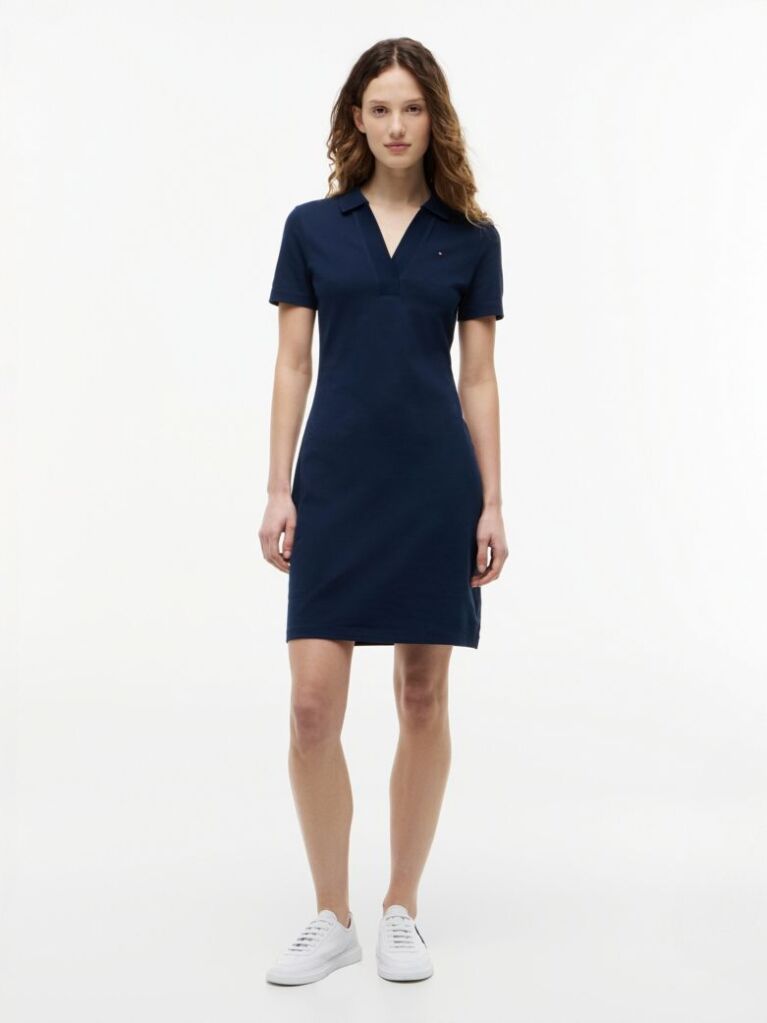 Blue Slim Open V-Neck Polo Dress  Women