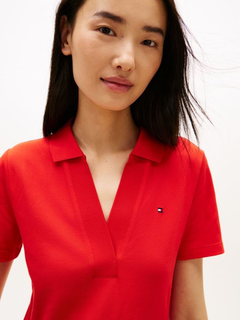 Red Slim Open V-Neck Polo Dress  Women