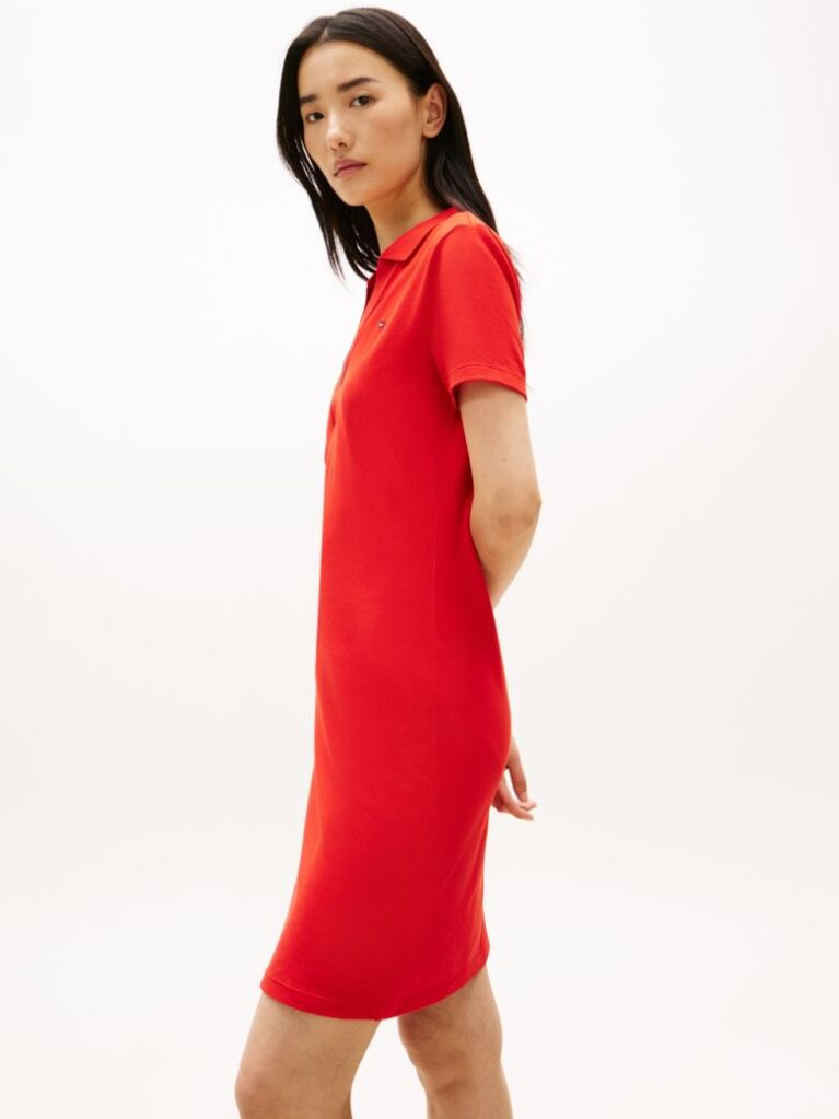 Red Slim Open V-Neck Polo Dress  Women
