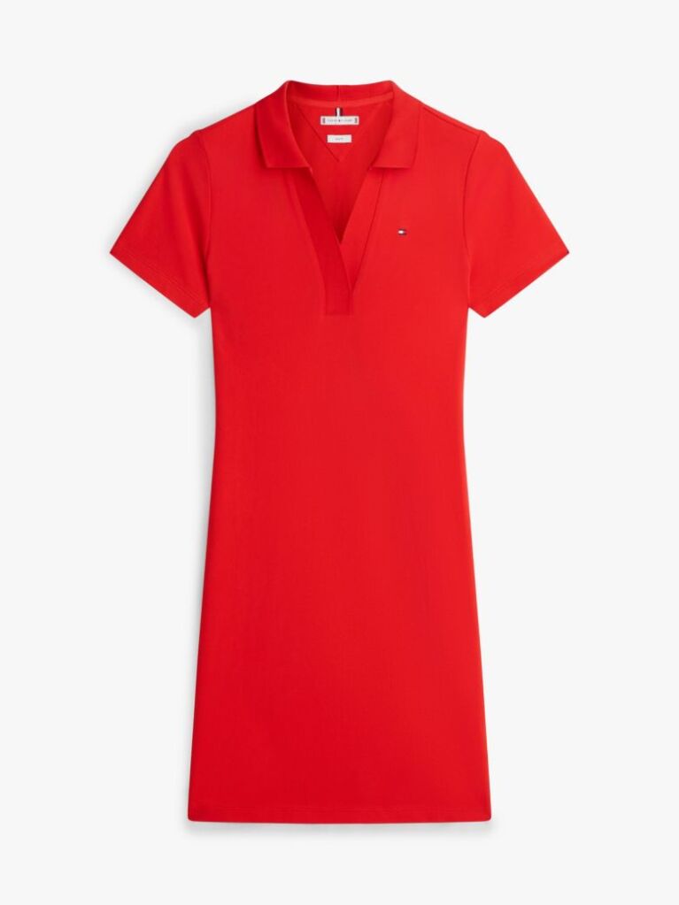 Red Slim Open V-Neck Polo Dress  Women
