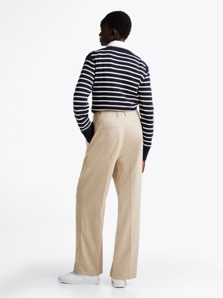 Beige Wool Blend Relaxed Straight Leg Trousers  Women