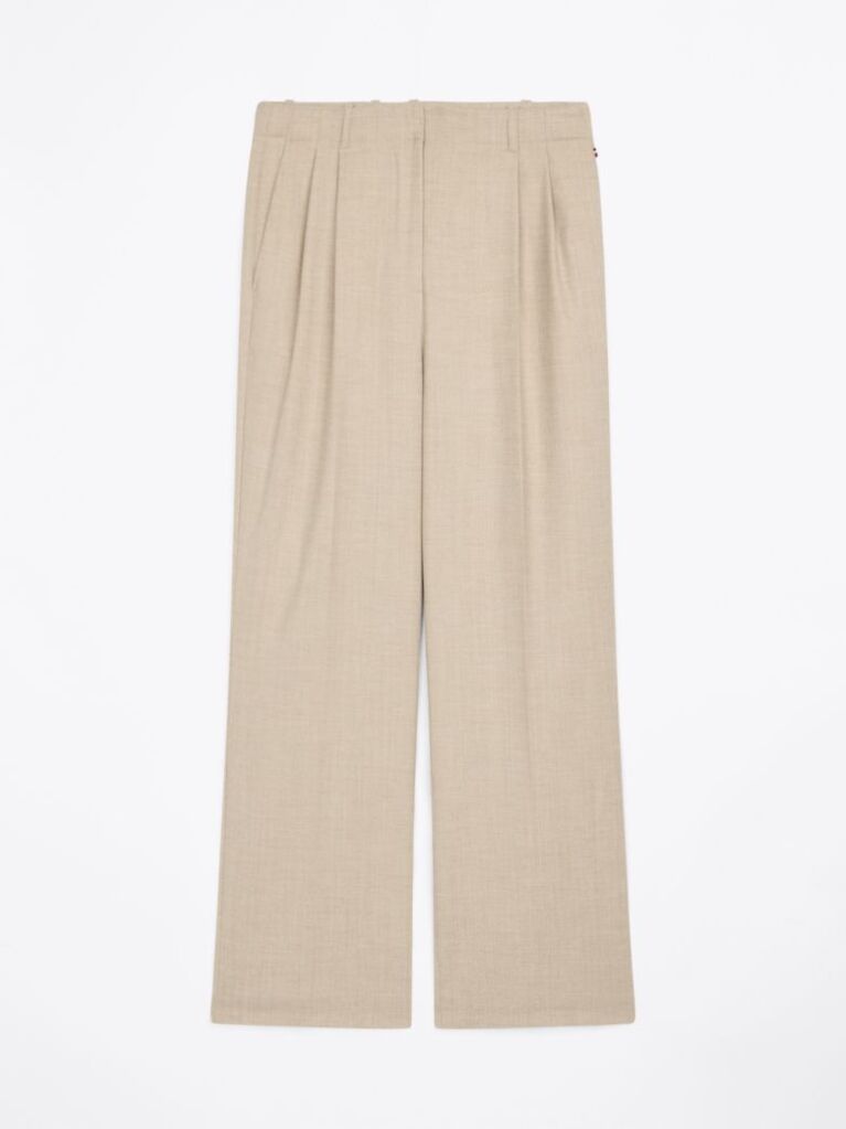 Beige Wool Blend Relaxed Straight Leg Trousers  Women