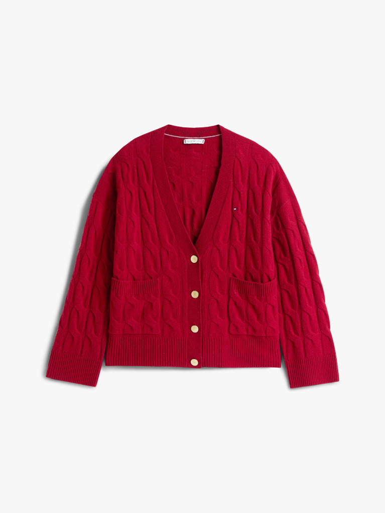 Red Pure Wool Oversized V-Neck Cardigan  Women