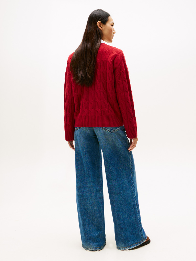 Red Pure Wool Oversized V-Neck Cardigan  Women