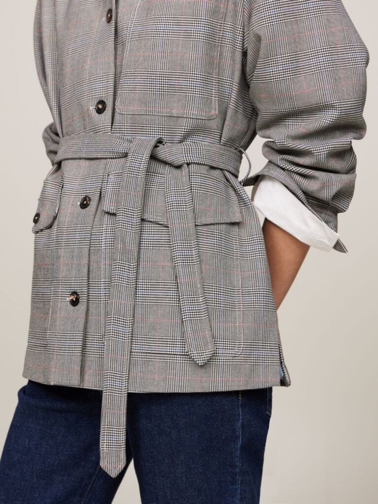 Grey Prince Of Wales Check Belted Blazer Jacket  Women