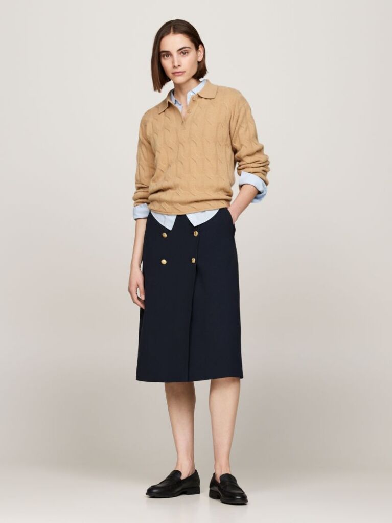 Multi Embossed Button Twill Midi Skirt  Women