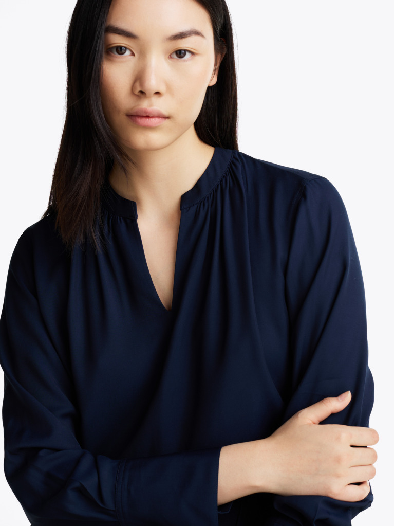 Blue Gathered V-Neck Relaxed Blouse  Women