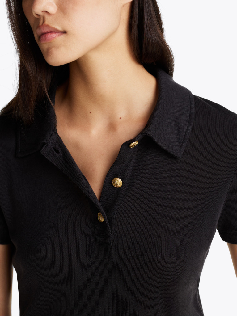 Black Slim Fit Gold-Tone Button Polo Shirt  Women