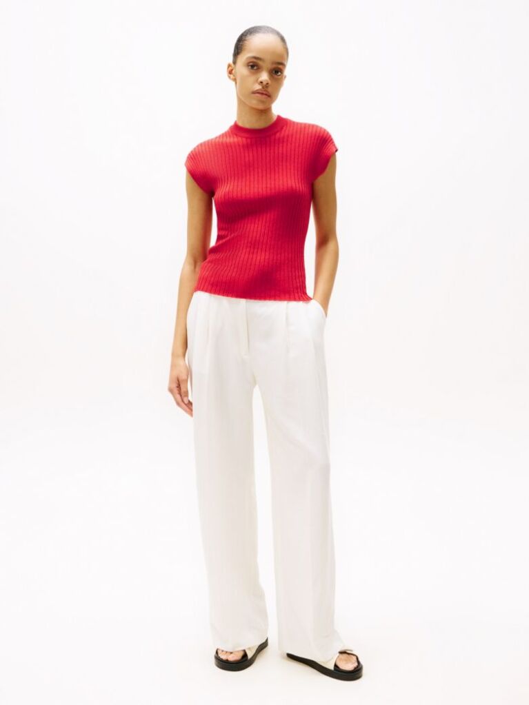 Red Ribbed Cap Sleeve Slim Jumper  Women