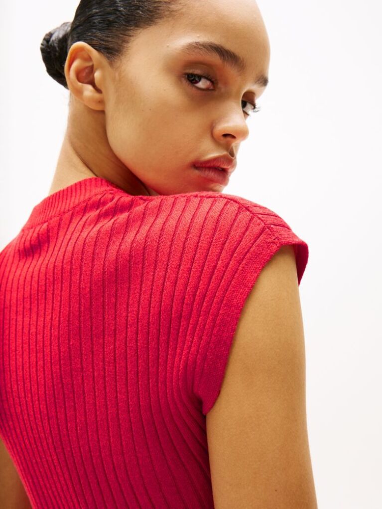 Red Ribbed Cap Sleeve Slim Jumper  Women