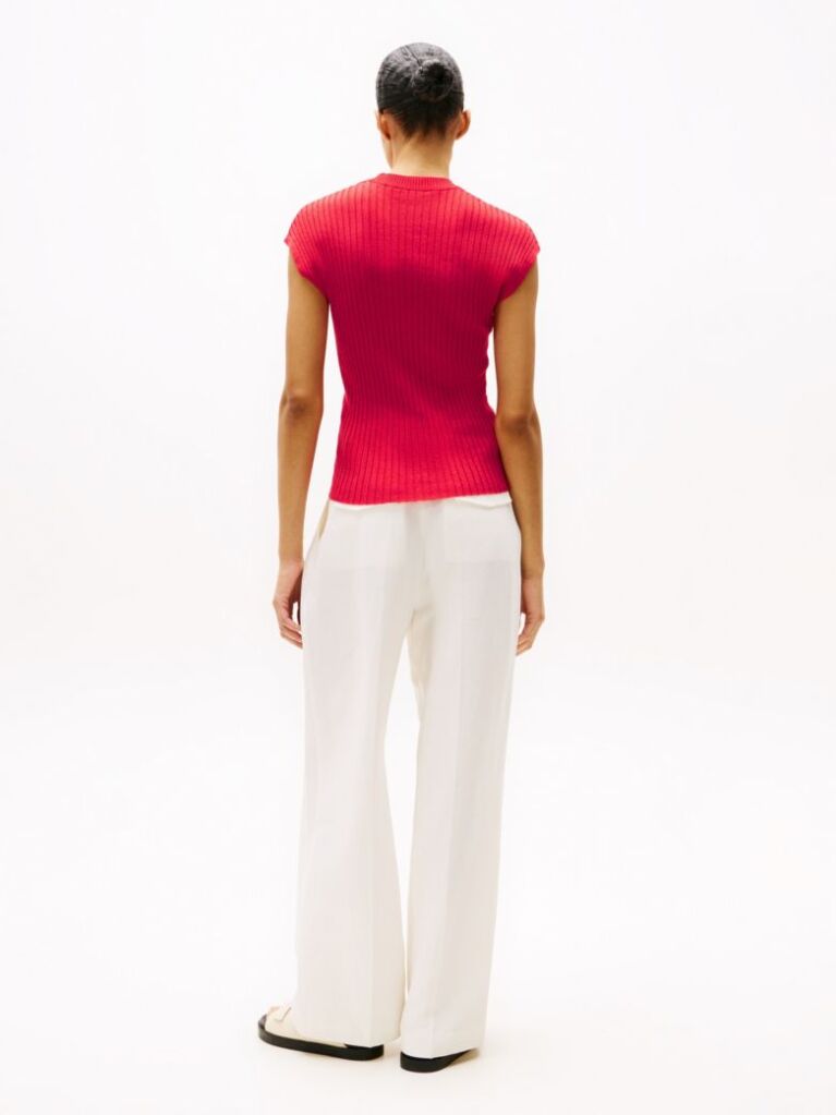 Red Ribbed Cap Sleeve Slim Jumper  Women