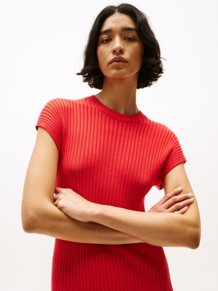 Red Cap Sleeve Ribbed Midi Jumper Dress  Women