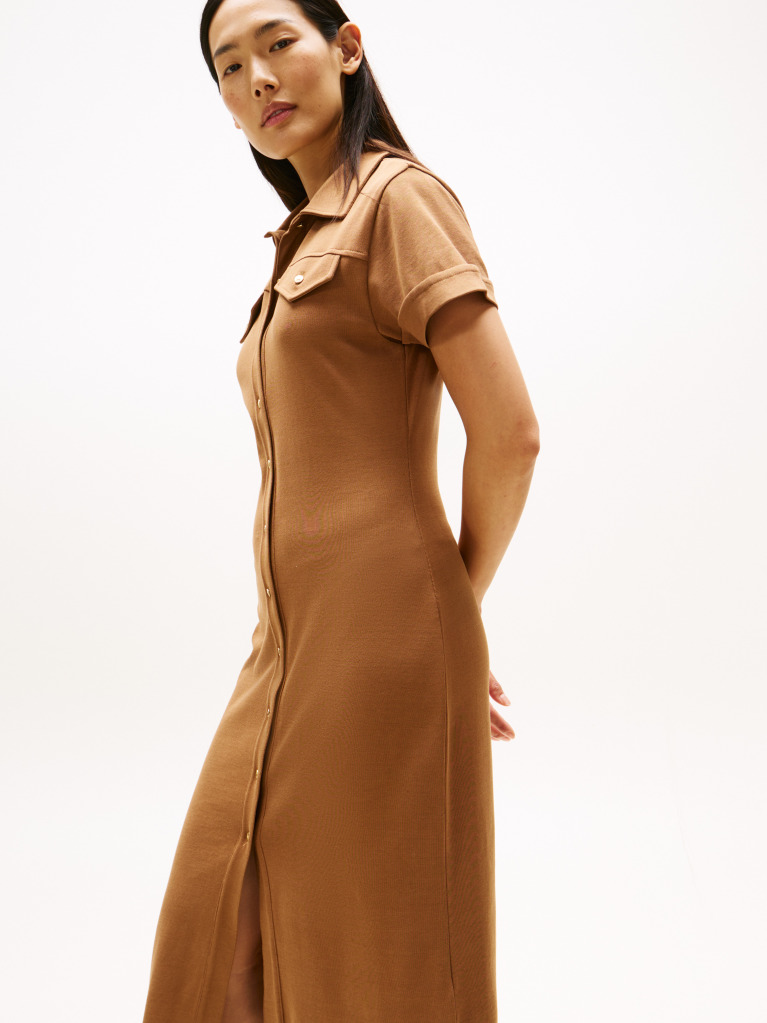 Brown Gold-Tone Button Midi Shirt Dress  Women