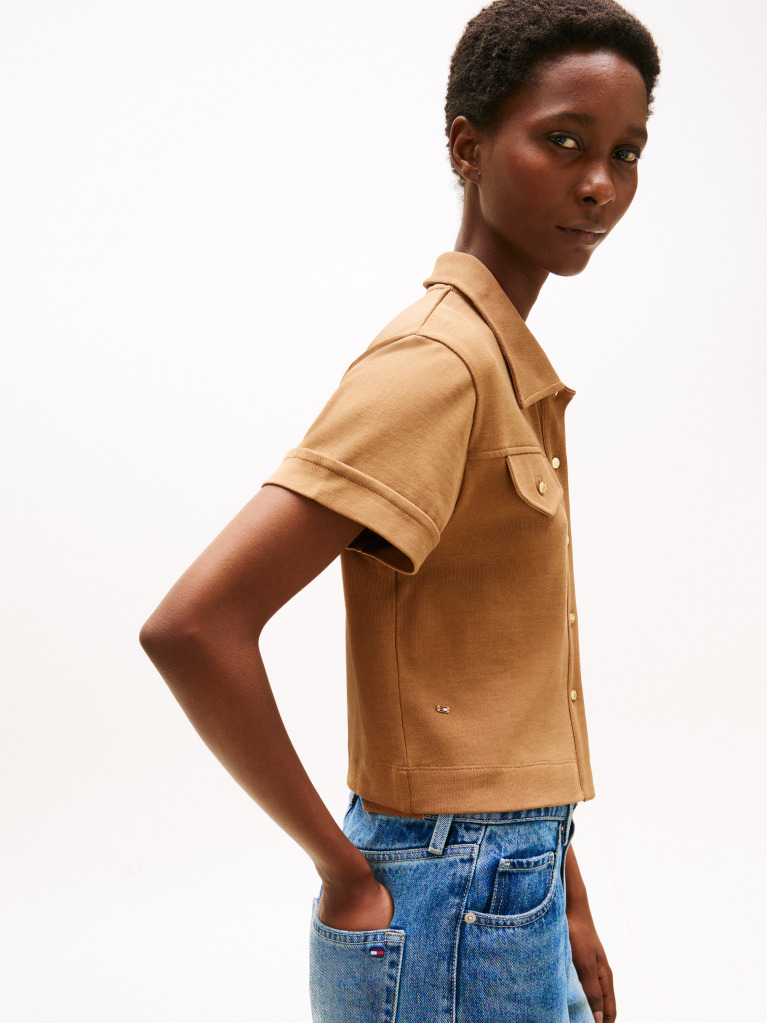 Brown Regular Fit Gold-Tone Button Shirt  Women