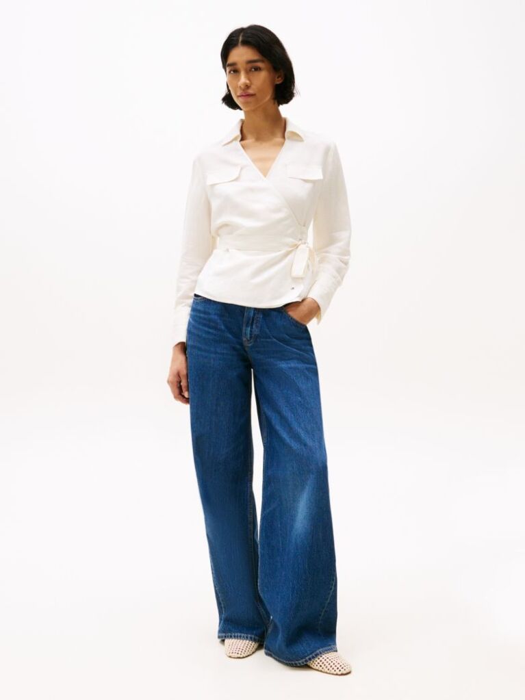 White Relaxed Fit Linen Blend Wrap Blouse  Women