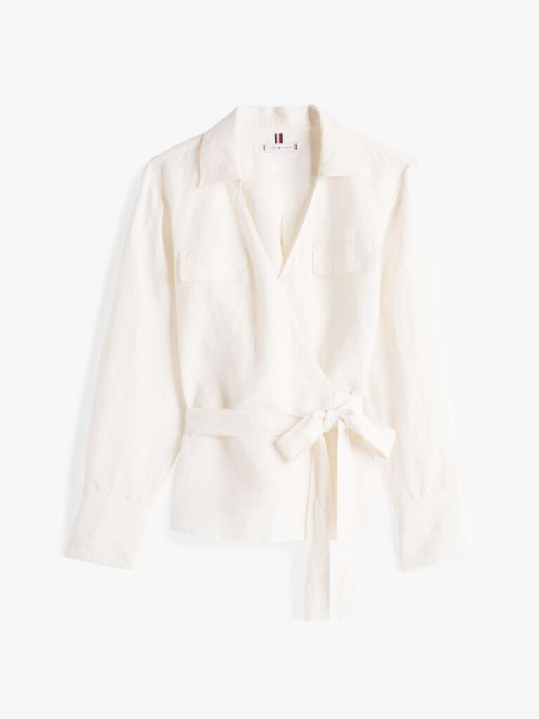 White Relaxed Fit Linen Blend Wrap Blouse  Women