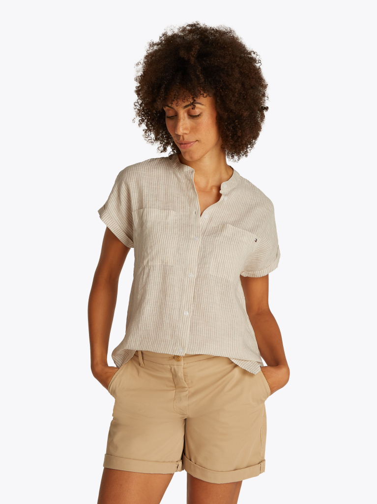 Multi Relaxed Fit Short Sleeve Linen Blouse  Women