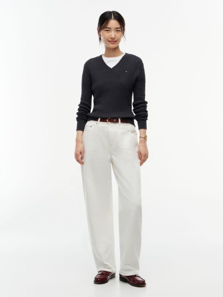 Grey Cable Knit V-Neck Jumper  Women