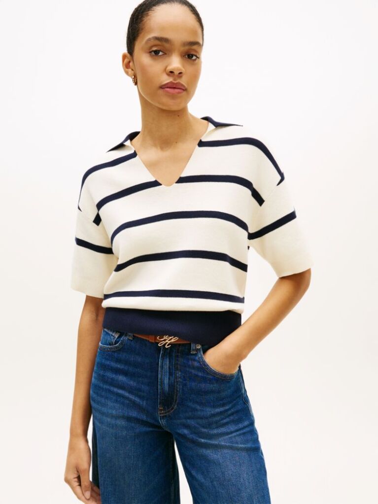Multi Stripe Short Sleeve Polo Jumper  Women