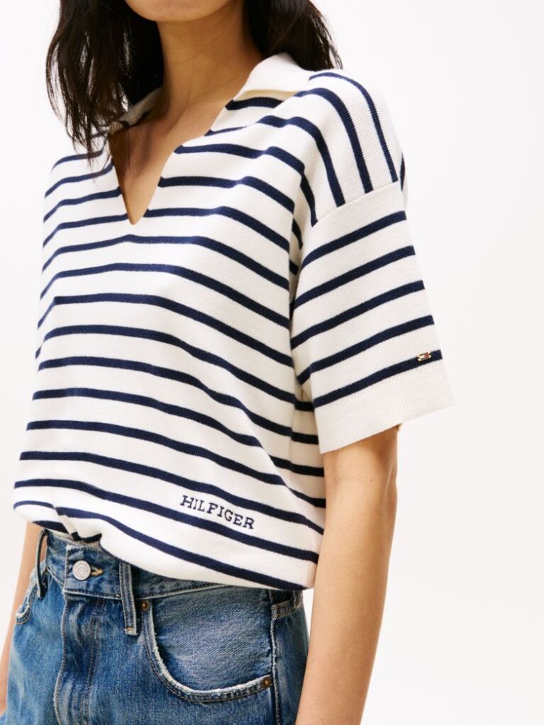 Multi Stripe Short Sleeve Polo Jumper  Women