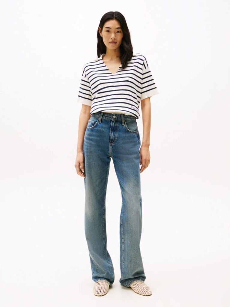 Multi Stripe Short Sleeve Polo Jumper  Women