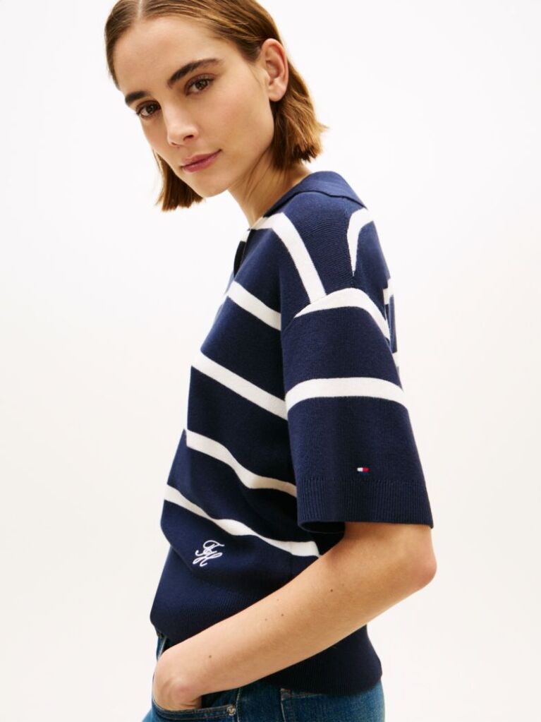 Multi Stripe Short Sleeve Polo Jumper  Women
