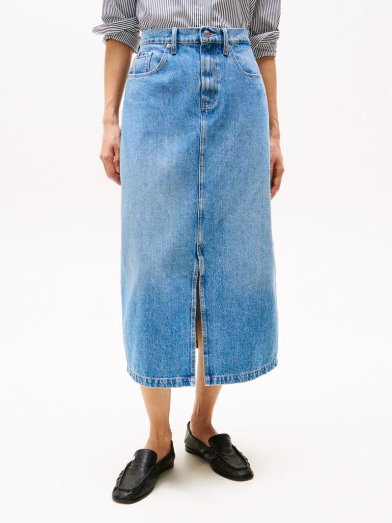 Blue High Rise Denim Midi Skirt  Women
