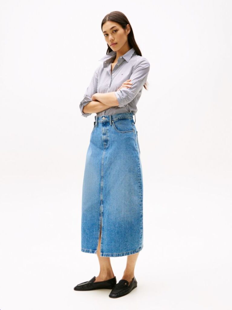 Blue High Rise Denim Midi Skirt  Women