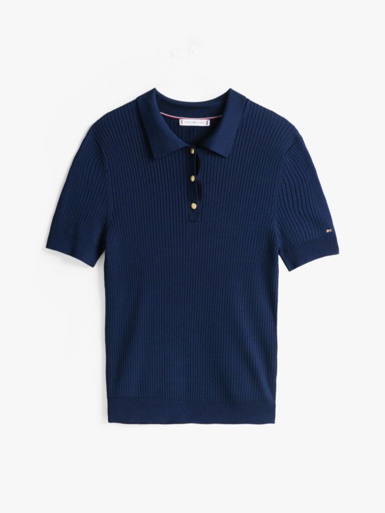 Blue Ribbed Short Sleeve Polo Jumper  Women