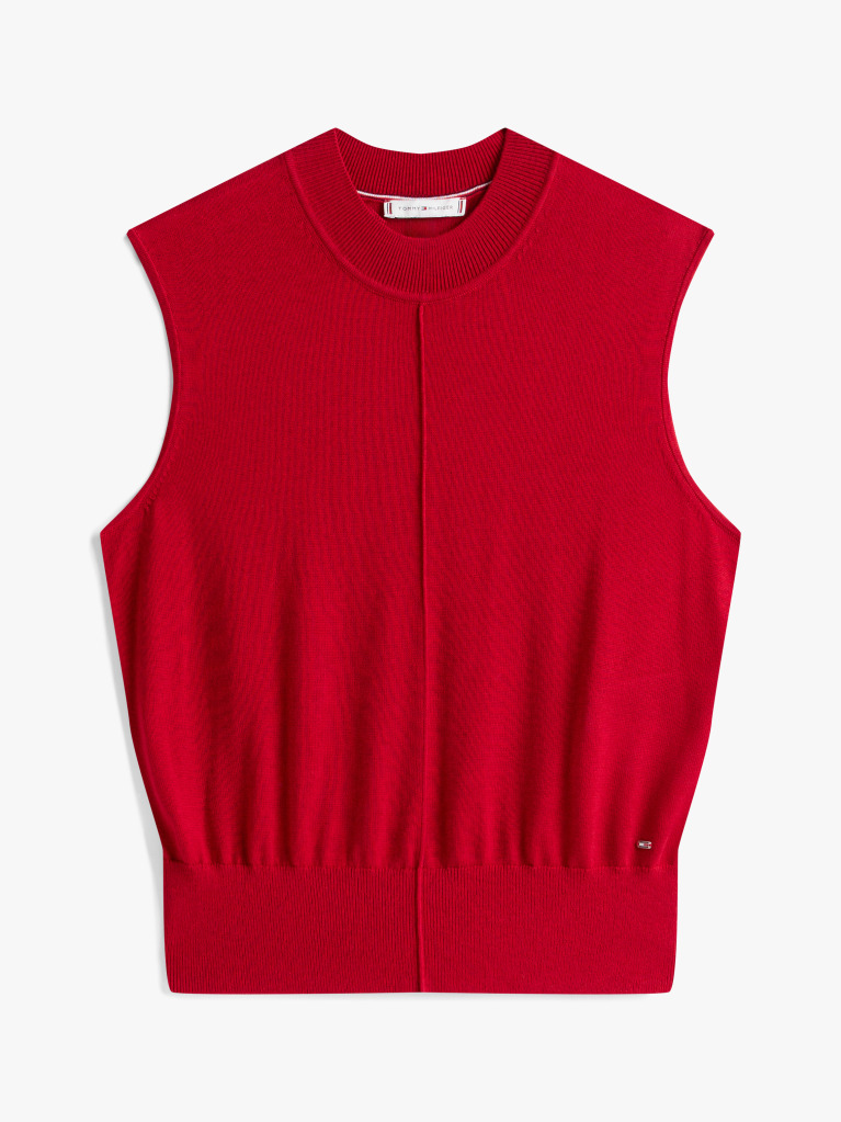 Red Mock Neck Sleeveless Top With Silk  Women