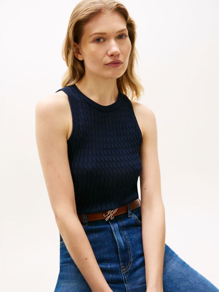 Blue Cable Knit Sleeveless Slim Jumper  Women