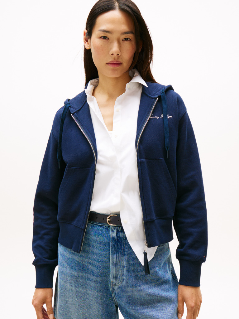 Blue Logo Embroidery Zip-Thru Pique Hoody  Women