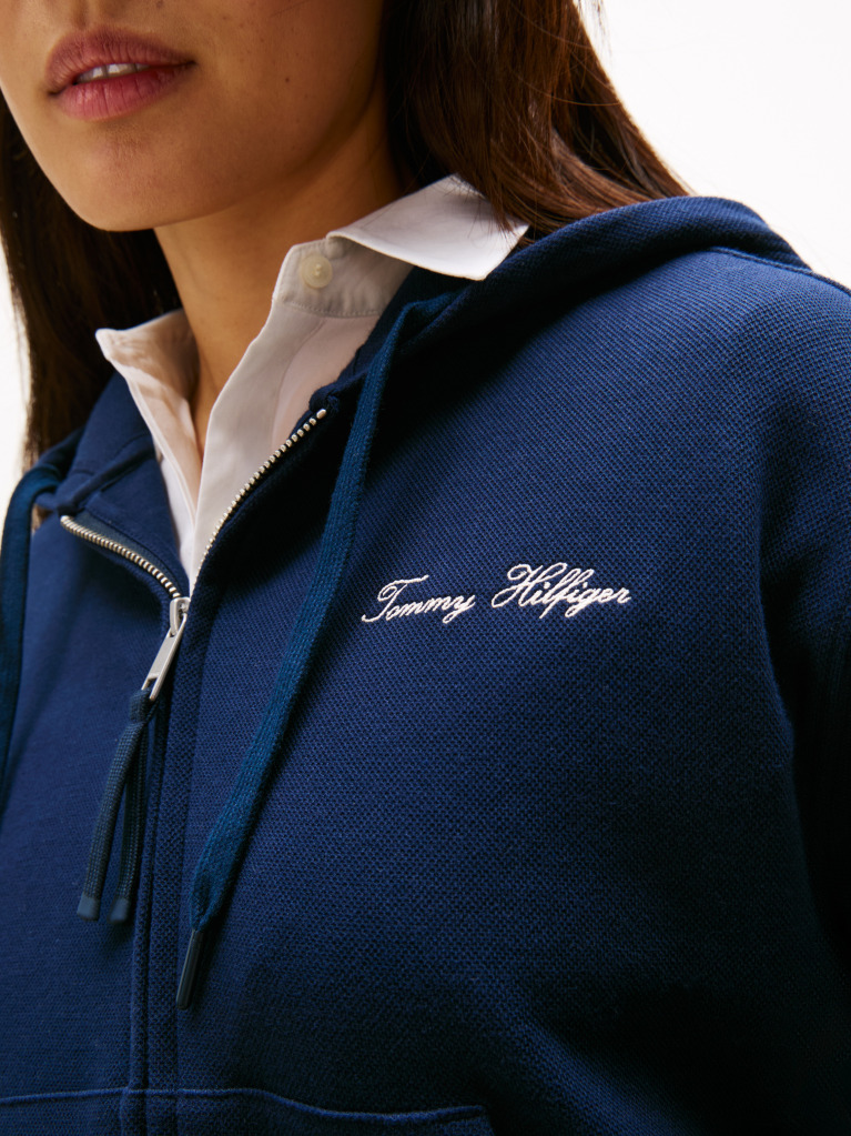 Blue Logo Embroidery Zip-Thru Pique Hoody  Women