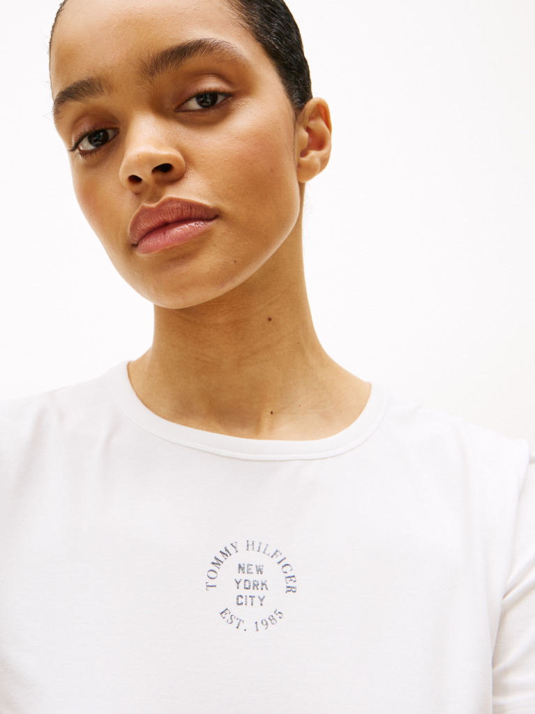 White Stamp Logo Slim Crew Neck Short Sleeve Tee  Women