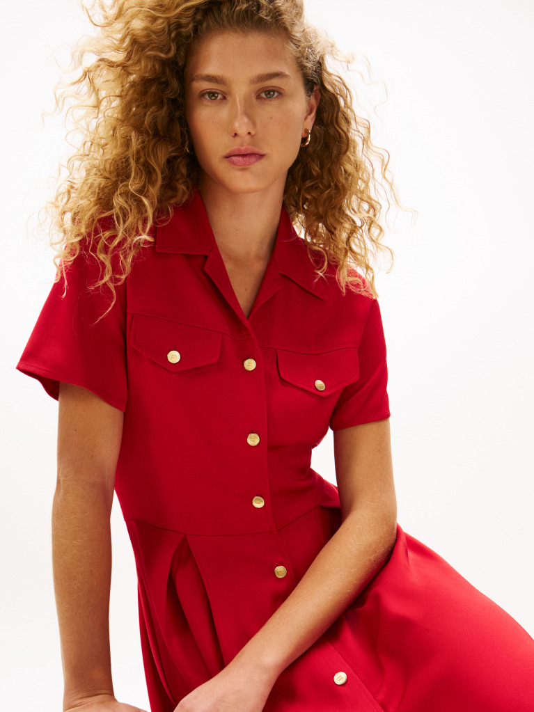 Red Gold-Tone Button Mini Shirt Dress  Women