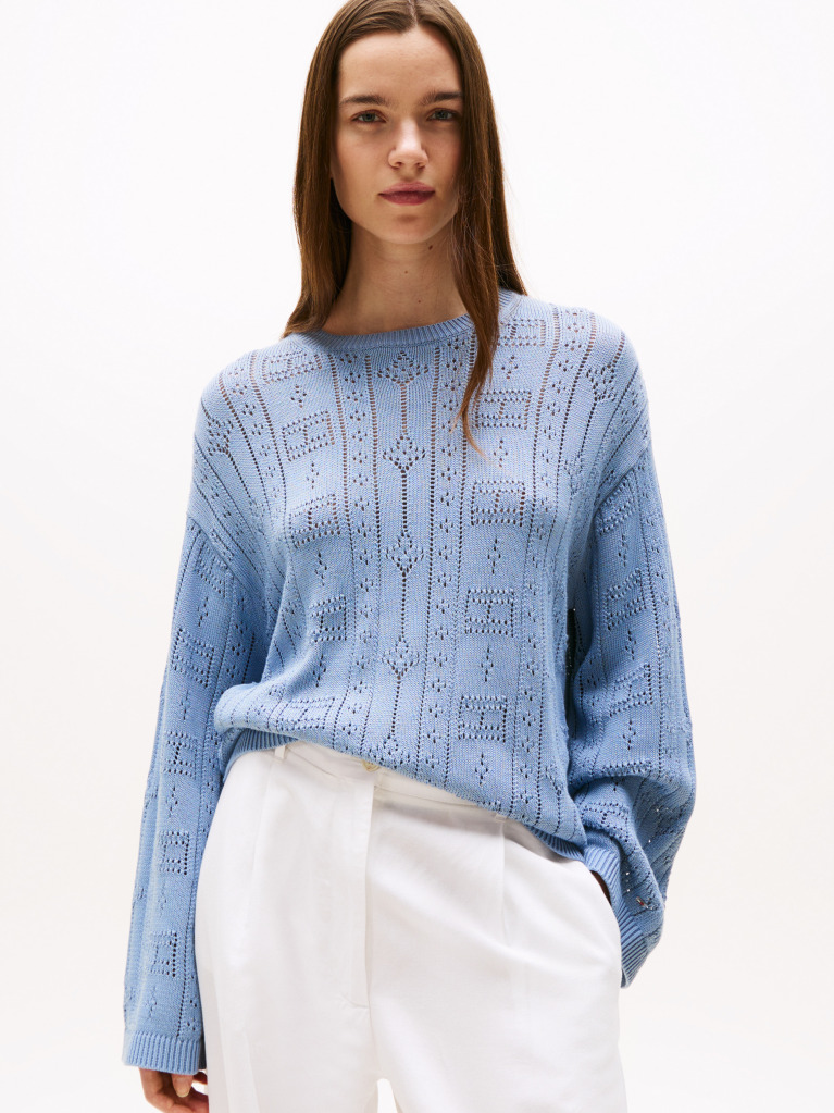 Blue Pointelle Tex Flag Relaxed Long Sleeve Sweater  Women