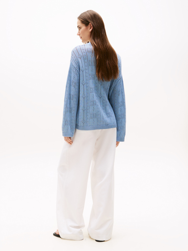 Blue Pointelle Tex Flag Relaxed Long Sleeve Sweater  Women