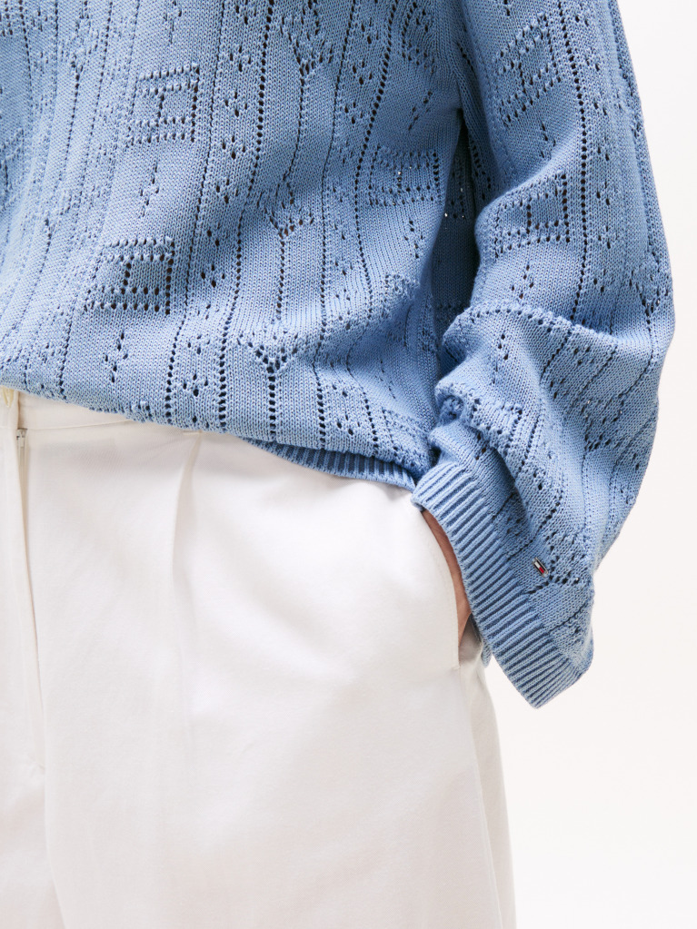 Blue Pointelle Tex Flag Relaxed Long Sleeve Sweater  Women