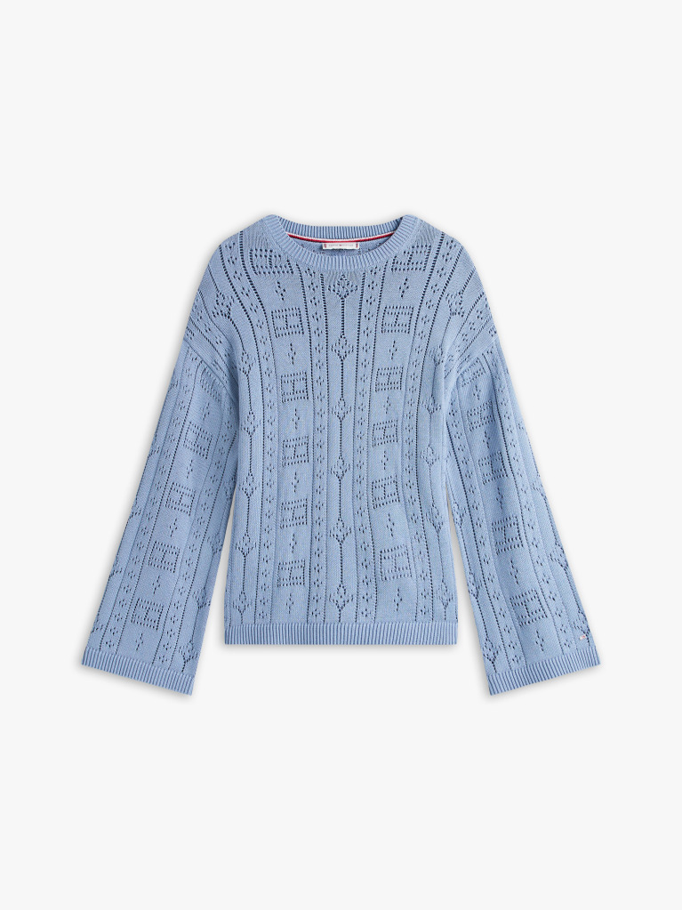 Blue Pointelle Tex Flag Relaxed Long Sleeve Sweater  Women