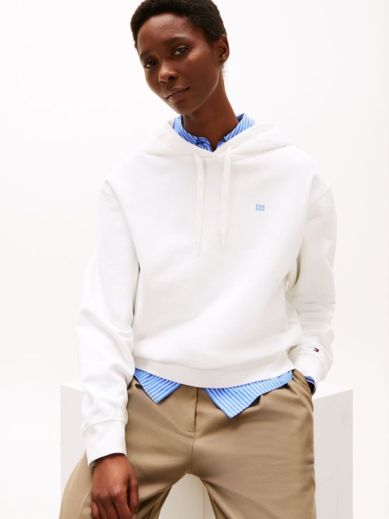 White Contrast Hilfiger Flag Embroidery Hoody  Women