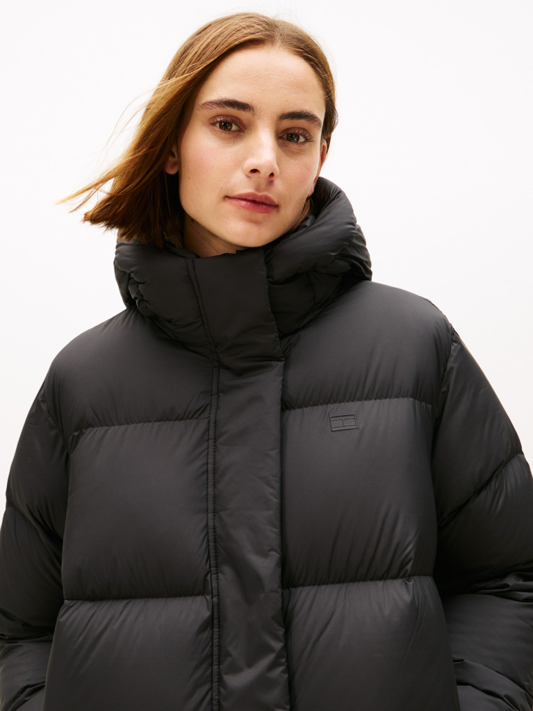 Black Down Hooded Longline Puffer Coat  Women