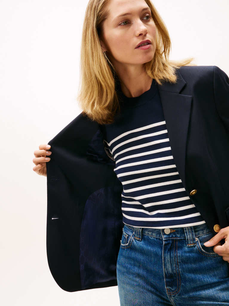 Μπλε Μάλλινο Blazer Σε Κανονική Γραμμή  Γυναίκες