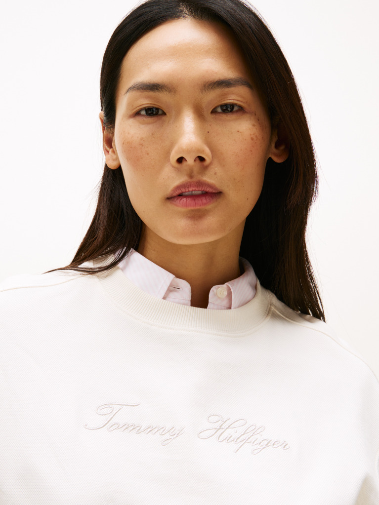 Beige Logo Embroidery Pique Crew Neck Sweatshirt  Women