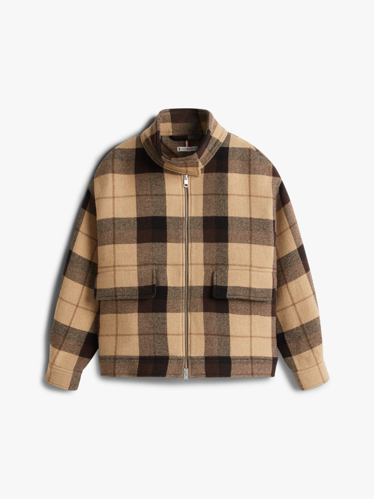 Multi Check Wool Blend Relaxed Harrington Jacket  Women