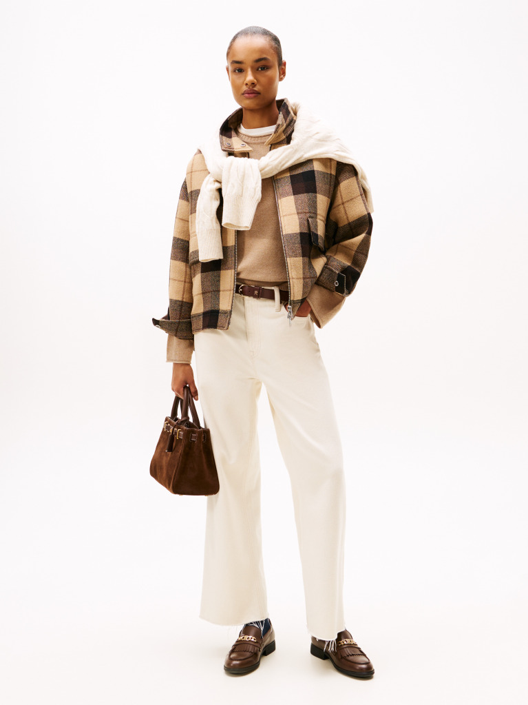Multi Check Wool Blend Relaxed Harrington Jacket  Women