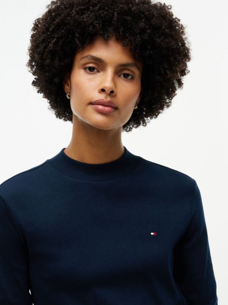 Blue Mock Neck Slim Long Sleeve Top  Women